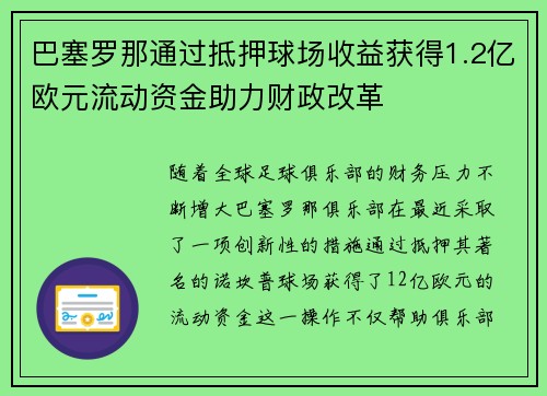 巴塞罗那通过抵押球场收益获得1.2亿欧元流动资金助力财政改革 巴塞罗那通过抵押球场收益获得1.2亿欧元流动资金助力财政改革
