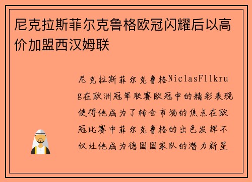 尼克拉斯菲尔克鲁格欧冠闪耀后以高价加盟西汉姆联 尼克拉斯菲尔克鲁格欧冠闪耀后以高价加盟西汉姆联