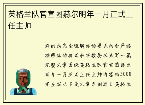 英格兰队官宣图赫尔明年一月正式上任主帅 英格兰队官宣图赫尔明年一月正式上任主帅