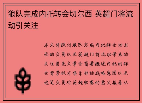狼队完成内托转会切尔西 英超门将流动引关注